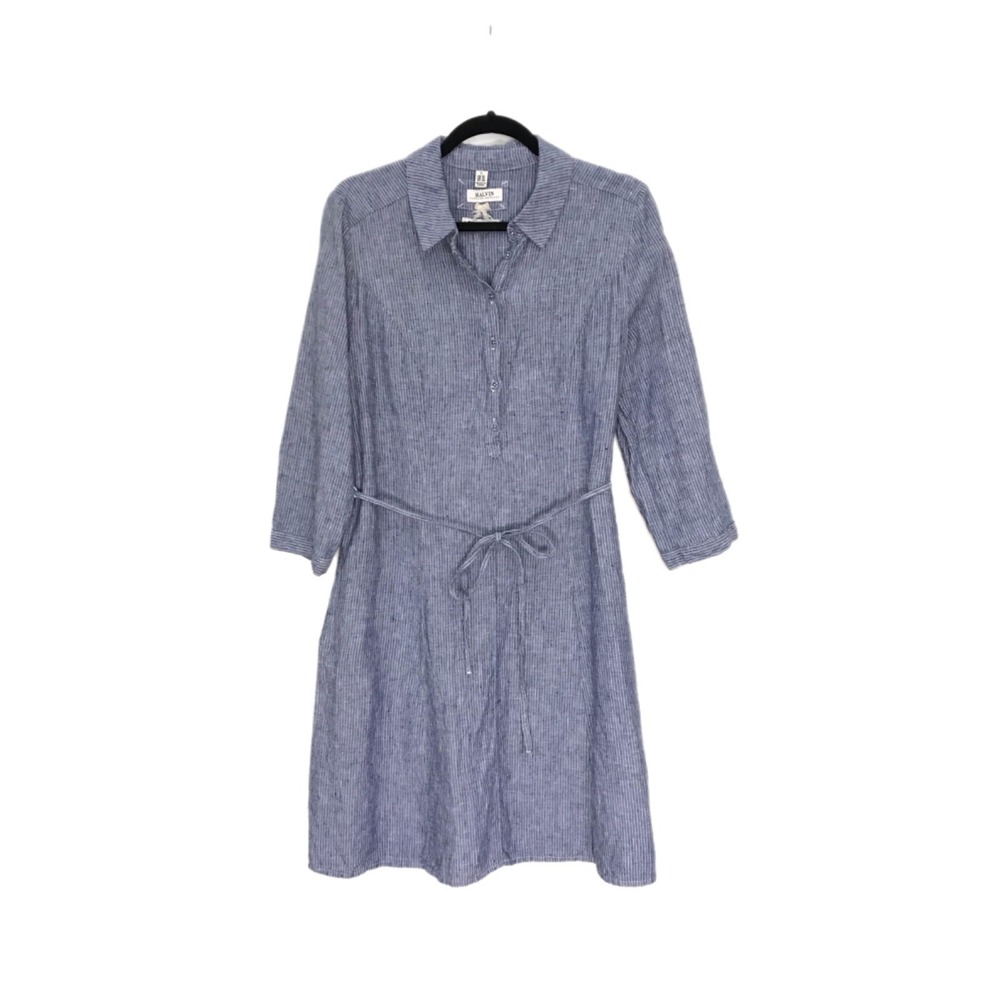 Malvin I Love 100% Linen Blue White Striped Shirt Dress Women's Size L  Pockets